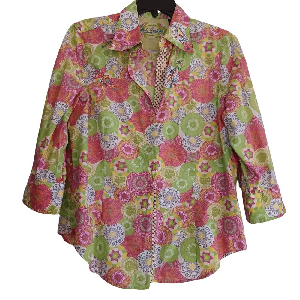 Robert Graham Neon Spiral Print Button Down Cotton Shirt Top L